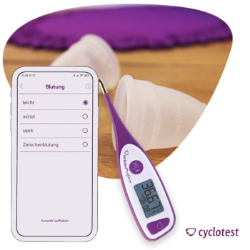 Wissen über die Menstruation sammeln mit einer Zyklus-App, Basalthermometer und Menstruationstasse.